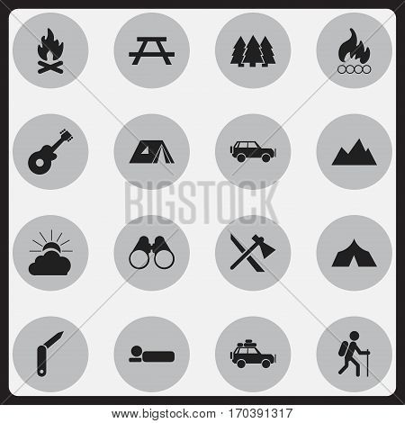 Set Of 16 Editable Travel Icons. Includes Symbols Such As Blaze, Peak, Clasp-Knife And More. Can Be Used For Web, Mobile, UI And Infographic Design.