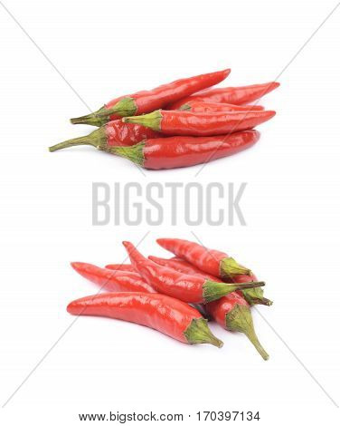 Pile of red italian peppers isolated over the white background, set of two different foreshortenings