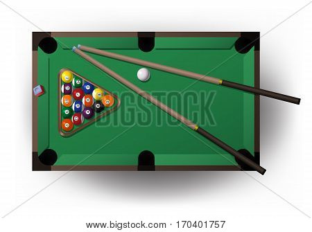 illustration of a pool table with all pool tool for playing billiard in isolated white background