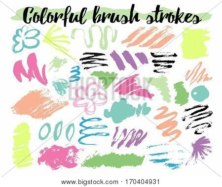 Floral brush strokes vector illustration with colorful hand drawn flowers, splashes, zigzag elements and doodles. Grunge style drawing