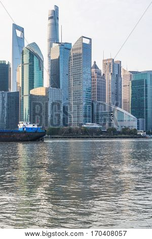 landmarks of Shanghai with Huangpu river in China.