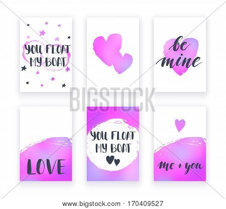 Valentine's day cards with hand lettring and pink gradient details. Vector illustration.