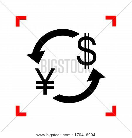 Currency exchange sign. Japan Yen and US Dollar. Black icon in focus corners on white background. Isolated.