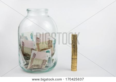 Near Full Of Russian Money Is Three-liter Jar Stack Of Coins