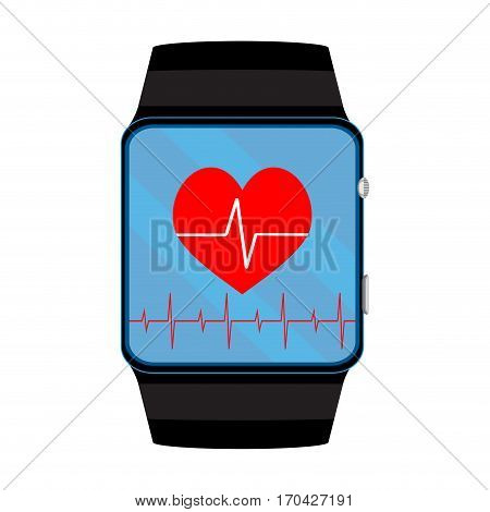 Pulsometer smart watch. Pulse and heartbeat on smartwatch vector illustration