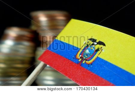 Ecuadorean Flag Waving With Stack Of Money Coins Macro