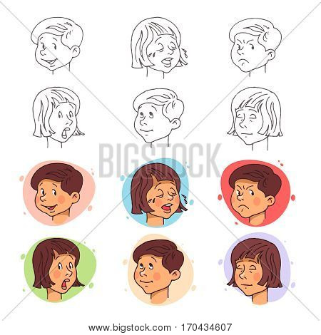 Boy and girl face expressions in stroke and flat style. Vector illustration.