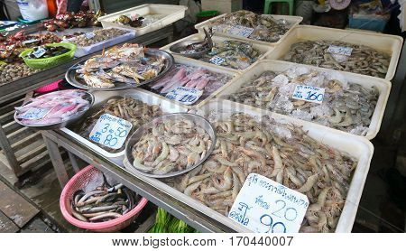 Seafood fish crabs prawn and squid at the market in Bangkok