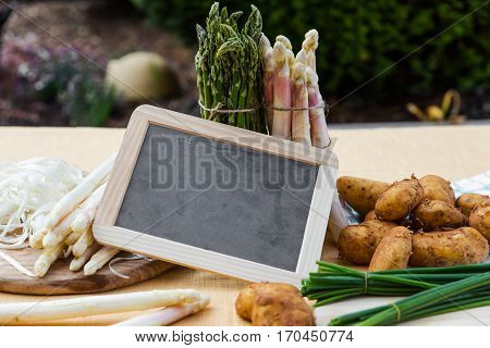 Asparagus, Potatoes, Empty Blackboard