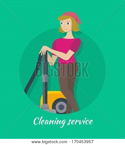 Cleaning service concept vector. Flat style design. Smiling woman character standing with vacuum cleaner. Small private business. Illustration for housekeeping companies and services advertising