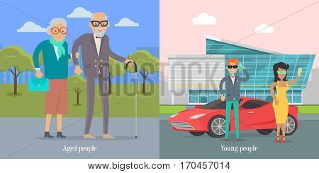 Aged people walking in park. Young people standing near luxury coupe car. Happy senior man and woman together. Middle aged couple. Successful young businessman couple. Vector illustration