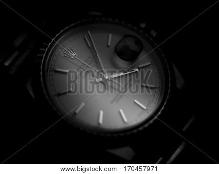 VALENCIA, SPAIN - JANUARY 28: Close up macro view from Rolex Oyster Perpetual Datejust. This Model was manufactured in 2003. Photos taken on January 28, 2017 in Valencia, Spain
