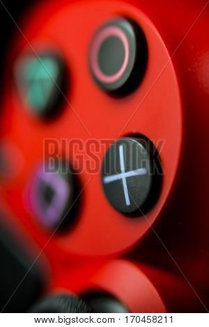 VALENCIA, SPAIN - FEBRUARY 3: Close up macro view from Dualshock 4 wireless controller for playstation 4 magma red on February 3, 2017 in Valencia, Spain