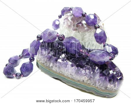 amethyst semigem geode crystals and beads geological mineral isolated