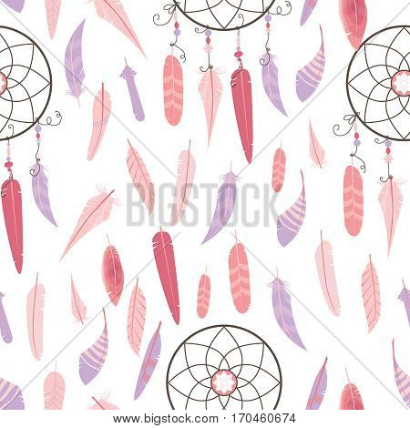 Vector seamless pattern with different graphic birds on a color background. Wallpaper with feathered race.