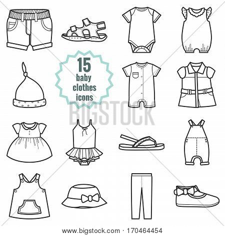 Baby clothes icons set.Clothing for summer. Isolated vector illustration on white background.
