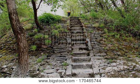 A stone staircase on the bank of a river