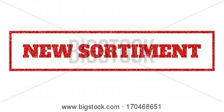 Red Rubber Seal Stamp With New Sortiment Text. Vector Caption Inside Rectangular Shape. Grunge Desig