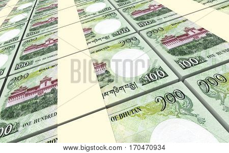 Bhutanese ngultrum bills stacks background. 3D illustration.