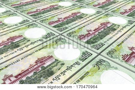 Bhutanese ngultrum bills stacks background. 3D illustration.