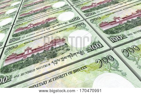 Bhutanese ngultrum bills stacks background. 3D illustration.