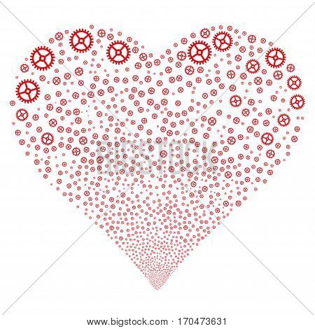 Clock Gear fireworks with heart shape. Vector illustration style is flat red iconic symbols on a white background. Object stream combined from scattered pictographs.