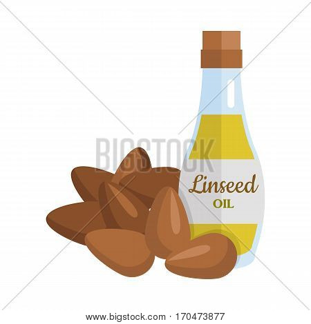 Linseed oil and flax seeds vector. Flat design. Healthy food, diet and cosmetic products. Seasoning. Culinary ingredient, source of protein, vitamins, fatty acids. Isolated on white background.