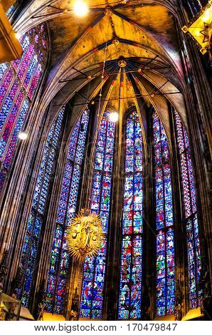 AACHEN, GERMANY-DECEMBER 15, 2014: The Aachen Cathedral, also High Aachen Cathedral, or the Aachener Kaiserdom.The Aachen chapel was the church of coronation for thirty German kings and twelve queens.