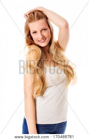Beautiful young woman with gorgeous hairstyle.