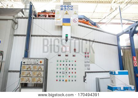 operating console of the modern powerful metal cutting laser mashine at factory. Modern production of metal details. control pane of industrial cnc plasma machine.