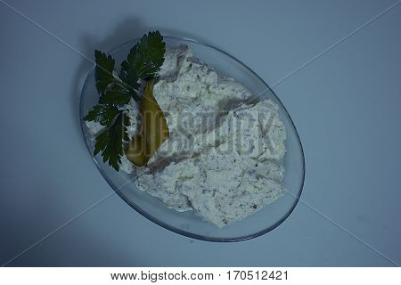 An appetizer of garlic and yogurt. and mint