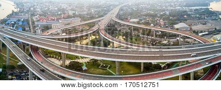 Aerial view of a large road interchange at the Bhumibol bridge in Bangkok, Thailand