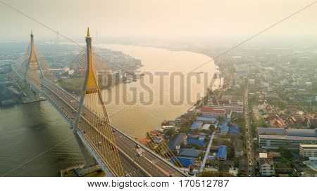 Bhumibol bridge aerial view over the Chao Phraya river in Bangkok, Thailand