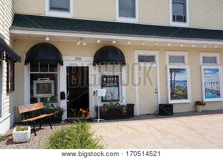 HARBOR SPRINGS, MICHIGAN / UNITED STATES - AUGUST 4, 2016: Tricia Witty sells her paintings at the Witty Art Gallery in downtown Harbor Springs.