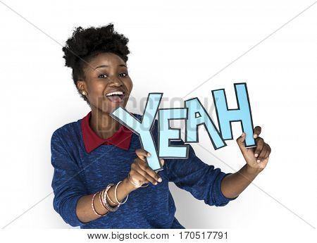 Smiling African Woman Holding Yeah Word