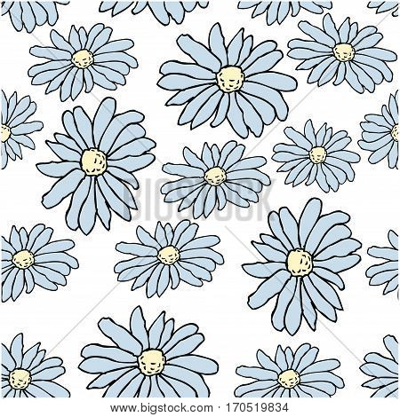 Beautiful blue daisy flowers on whote background. Seamless pattern. Could be used for textile web design