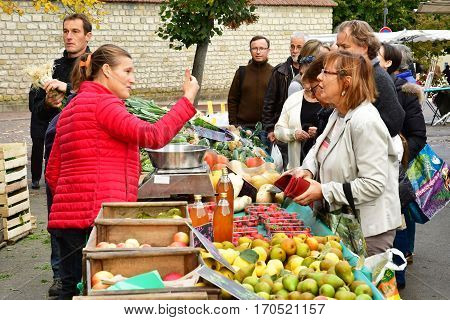 Verneuil sur Seine; France - october 16 2016 : fruit and vegetable at the market in automn