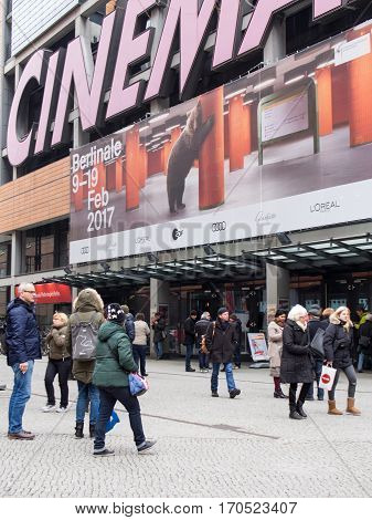 BERLIN GERMANY - FEBRUARY 11 2017: Cinemagoers In Front of The Berlin International Film Festival Berlinale Cinema At Potsdamer Platz Berlin
