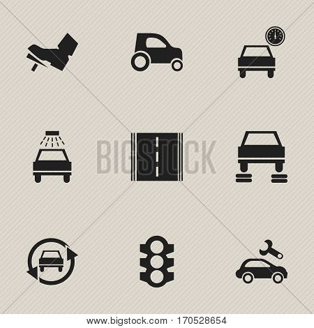 Set Of 9 Editable Transport Icons. Includes Symbols Such As Automobile, Highway, Car Lave And More. Can Be Used For Web, Mobile, UI And Infographic Design.