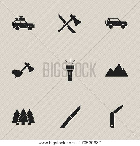 Set Of 9 Editable Trip Icons. Includes Symbols Such As Clasp-Knife, Tomahawk, Knife And More. Can Be Used For Web, Mobile, UI And Infographic Design.