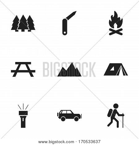 Set Of 9 Editable Camping Icons. Includes Symbols Such As Shelter, Sport Vehicle, Desk And More. Can Be Used For Web, Mobile, UI And Infographic Design.