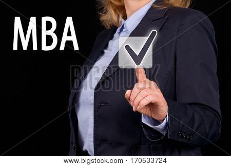 MBA - Master of Business Administration - Businesswoman with checkbox and text