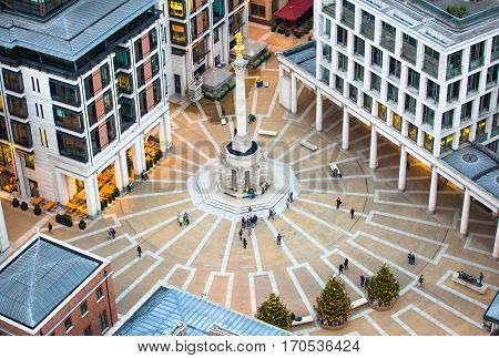 London, UK - December 19, 2016: Paternoster square view at evening from the top of St. Paul cathedral.