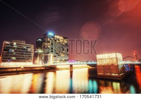Beautiful night city osvitchene neon. Germany Europe.