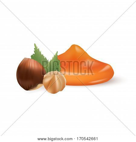 Hazelnut with liquid caramel. 3d Vector Illustration Isolated