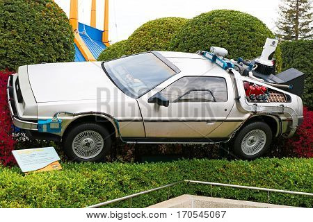 OSAKA, JAPAN - Apr 23, 2016 : Photo of A replicathe of the Back to the Future DeLorean,one of the most famous attraction at Universal Studios JAPAN, Osaka, Japan.