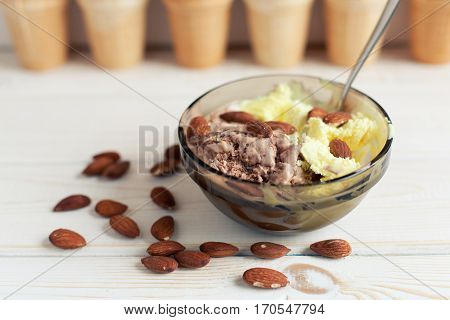 Melon And Chocolate Ice Cream With Almonds In The Background Waffle Cups