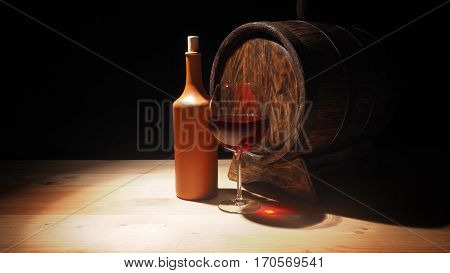 Glass Of Red Wine And Barrel On Wooden Table