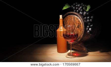 Glass Of Red Wine And Barrel On Wooden Table