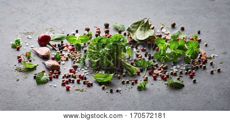 Herbs and spices  on a graphite board